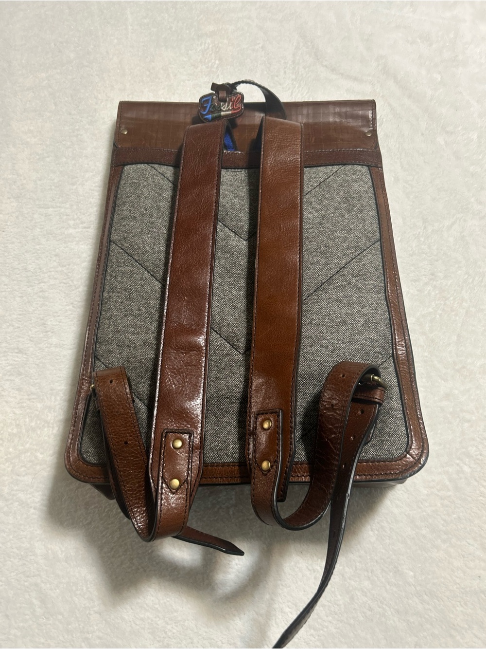 Fossil Brown Plaid Leather Backpack Vintage Style Buckle Bookbag - Picture 4 of 10
